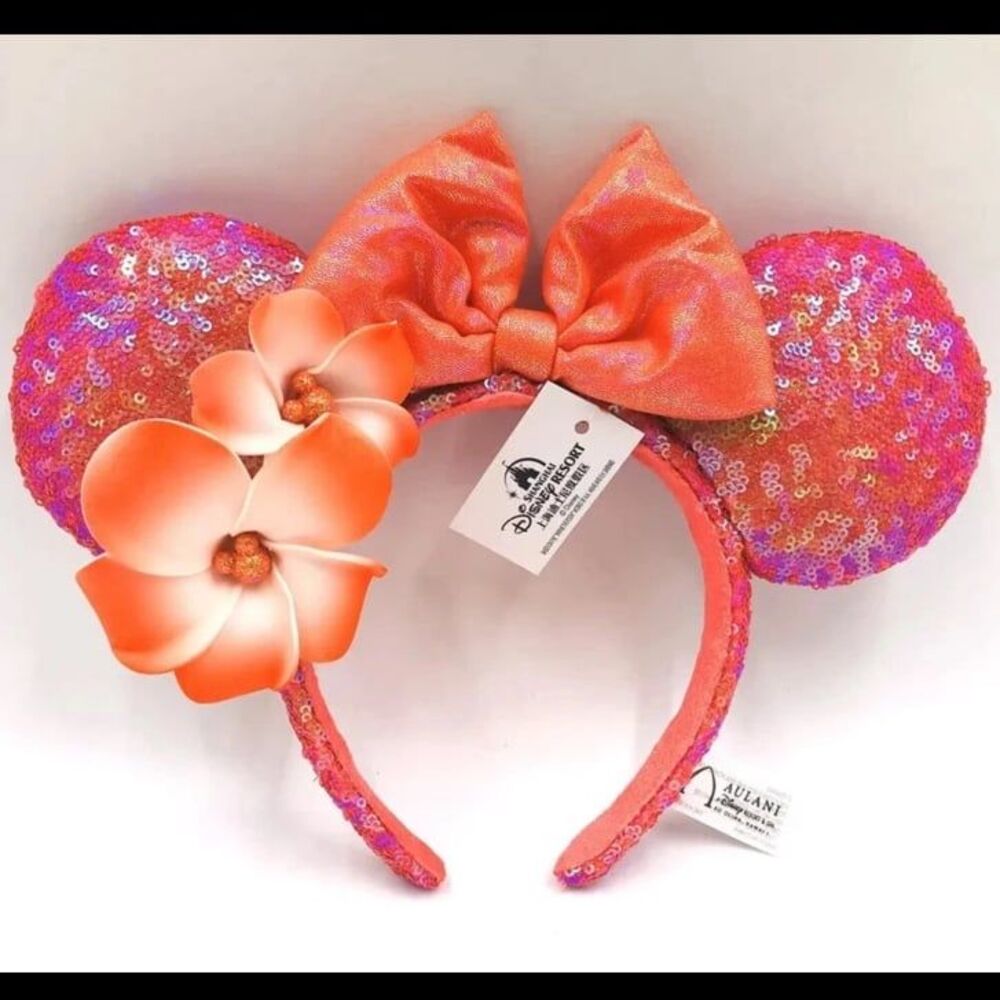 Disney Parks Pink Plumeria Exclusive Aulani Hawaii Minnie Ears Bow Headband - Picture 2 of 3